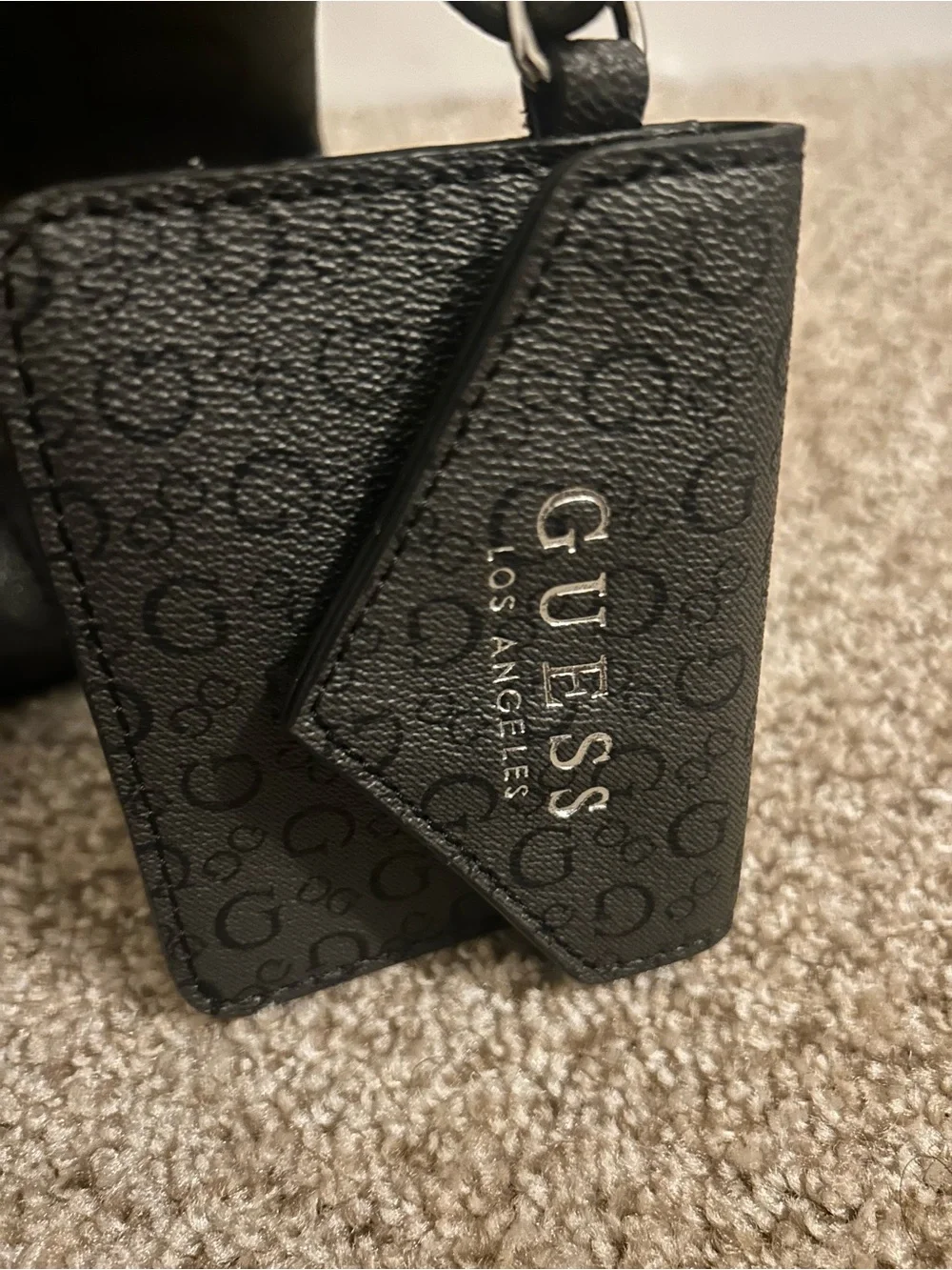 Guess Black Logo-Embossed Satchel with Silver Plate